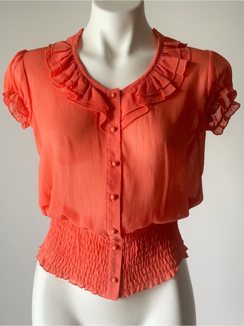 Y2K Coral Ruffle-Trim Button Down Short Sleeve Sheer Blouse